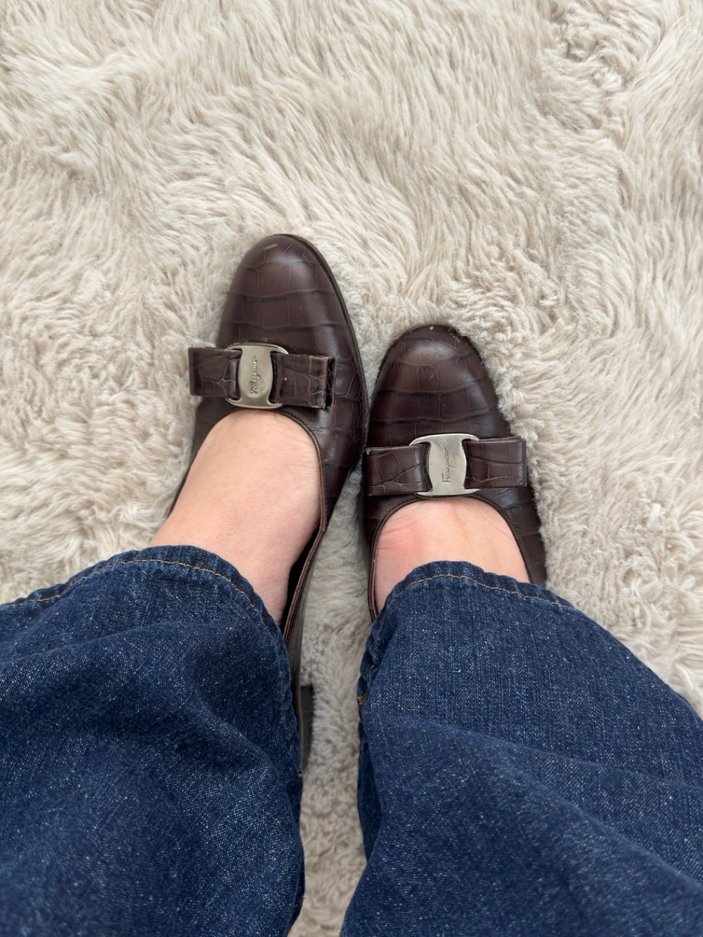 Salvatore Ferragamo Brown Croc-Embossed Leather Bow Pumps